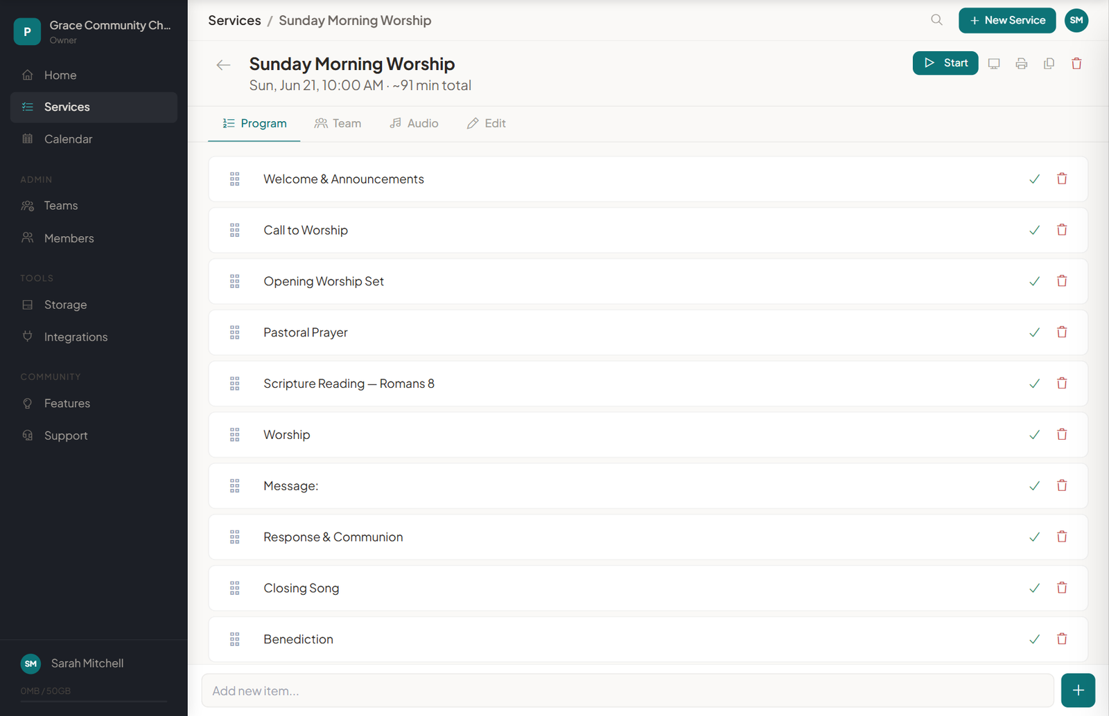 PraisePro run sheet - plan every item of your service in order